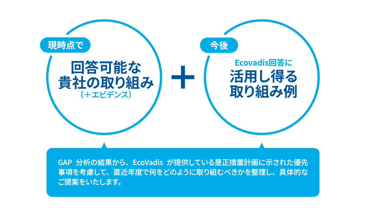 GAP分析の結果から、EcoVadisが提供している是正措置計画に示された優先事項を考慮して、直近年度で何をどのように取り組むべきかを整理し、具体的なご提案をいたします。