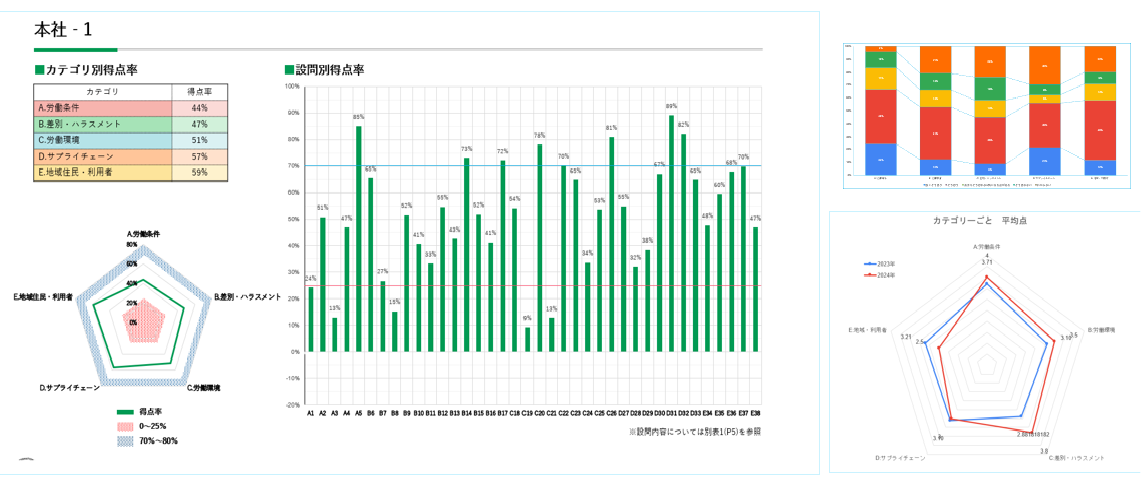 人権サービス:人権機能評価の基本的な流れ 事前アンケート調査、現地調査、報告書の発行。報告書データはCSR報告書への公開等、表明に利用可能